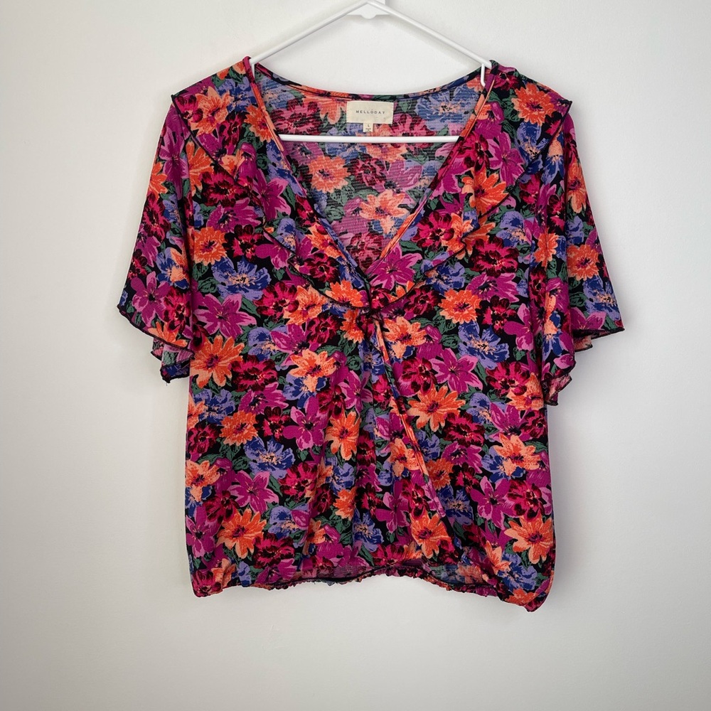 MELLODAY Vibrant Floral Blouse - Pink and Orange Size Large